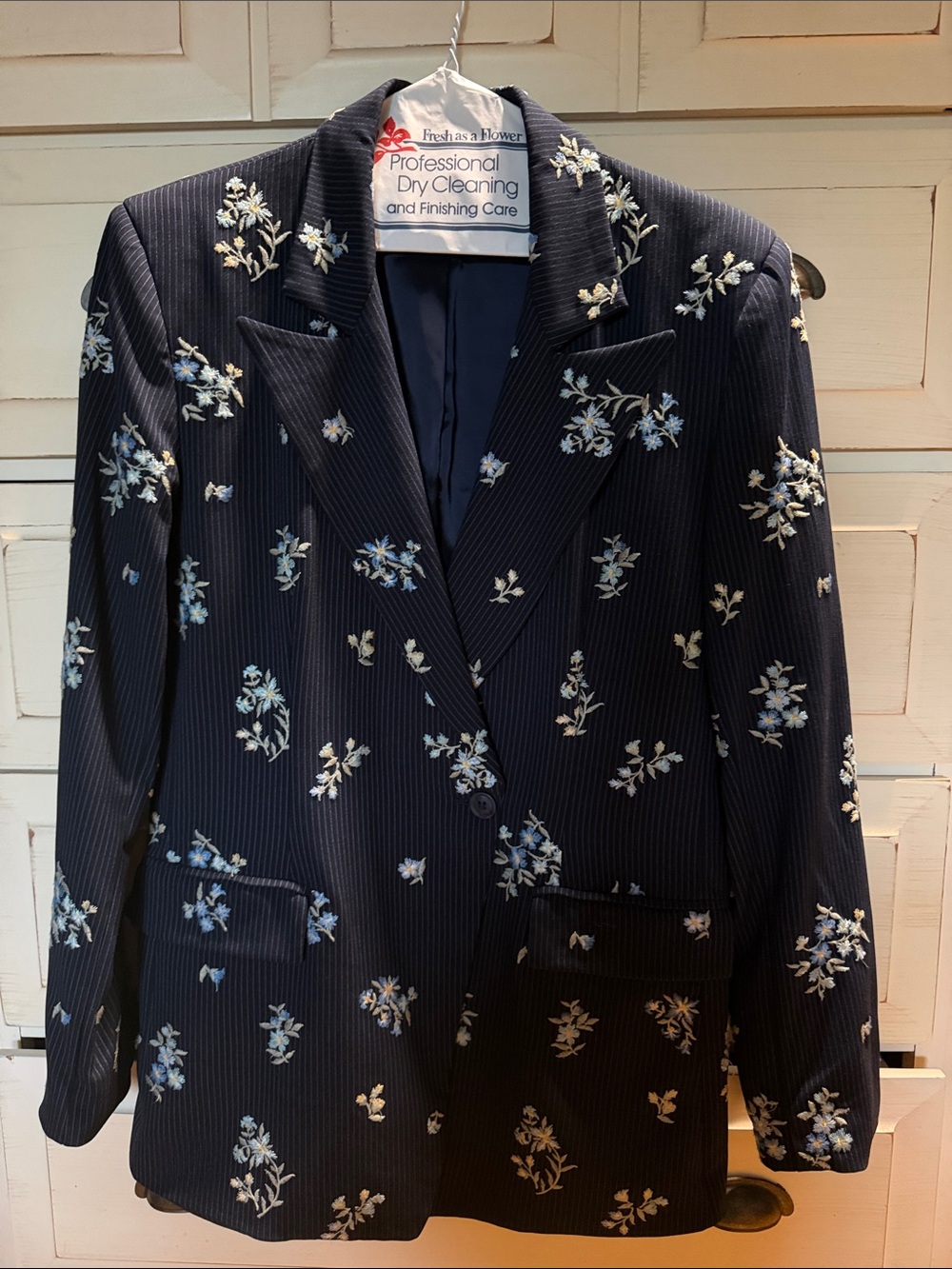DRIFTWOOD Navy Pinstripe Blazer with White & Light Blue Floral Embroidery
